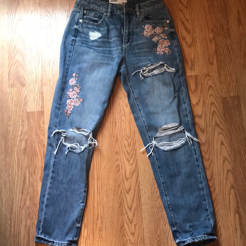 Ripped Mom Jeans with Flower Patches